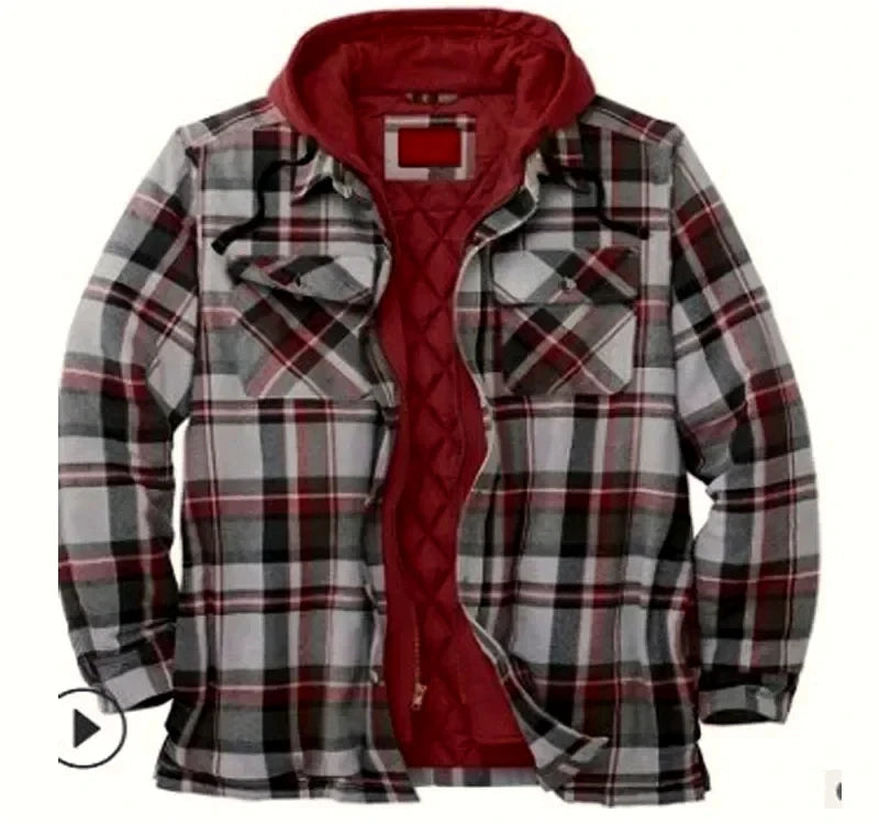 Mens Long Sleeve Winter Hooded Coats Fleece Lined Flannel Plaid Shirts Jacket Button Down Sherpa Jackets with Hood