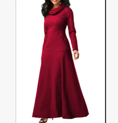 Plus Size 3XL Elegant Long Maxi Dresses Spring Winter Warm High Collar Women Long-sleeved Dress Woman Clothing With Pocket