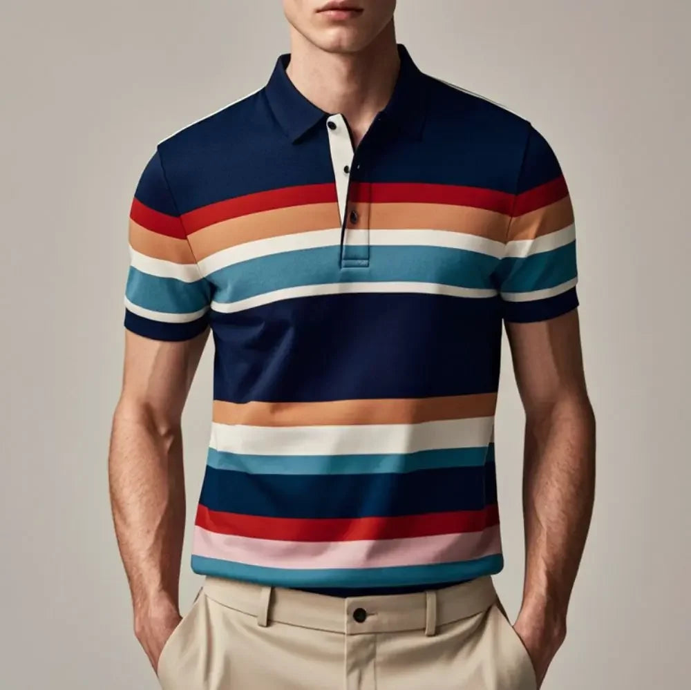 Men's Polo T-Shirt Streetwear Fashion Stripe Printing Summer New Short Sleeves Button Tops Oversized Casual Golf High-quality