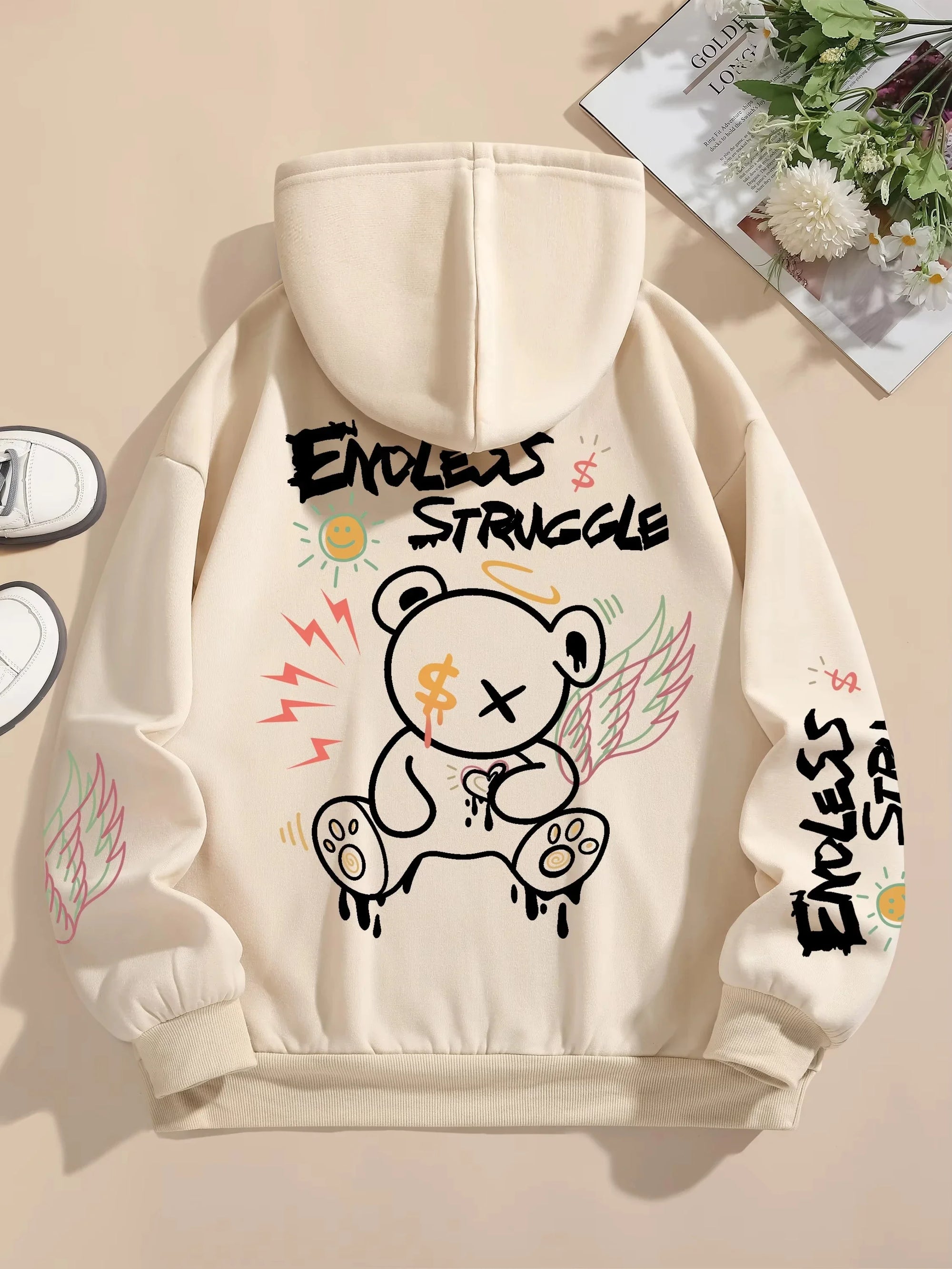 Street men's and women's sweatshirts endless struggle graffiti bear printed hoodie loose pullover sweatshirt casual