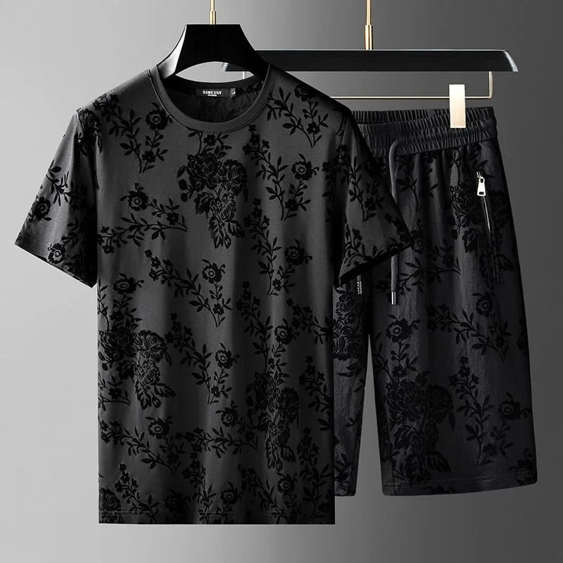 Minglu Summer Flock Printed Men's Sets Fashion Short Sleeve Round Collar T-shirts Luxury Solid Color Leisure Sports Man Suits