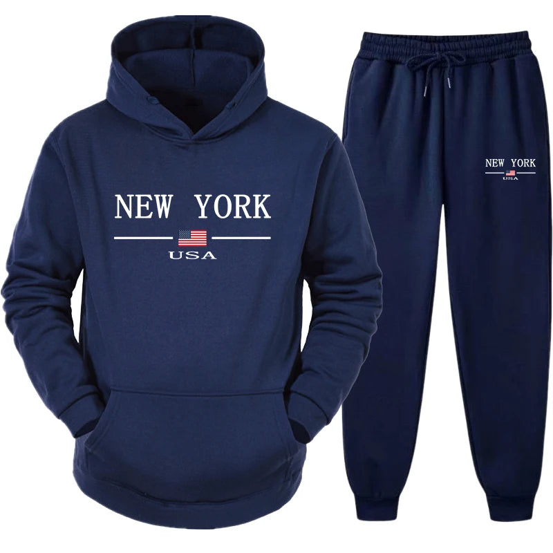 New Trend Mens Hooded Sweatshirts and Jogger Pants New York Printed Male Sportwear Classic Male Daily Casual Hoodies 2pcs Set