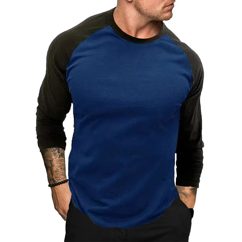 New Casual Fashion Long Sleeves T Shirt Men Spring Autumn Patchwork Gym Clothing Fitness T-shirt Sports Raglan Sleeves Tshirt