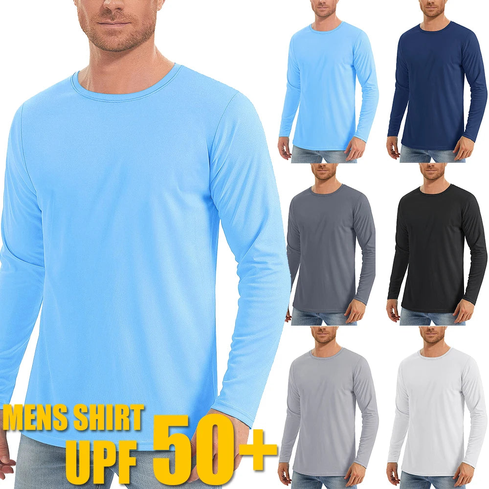 UPF50+ Men's Sunscreen UV Protection T-shirt Solid Color Long-sleeved Round Neck Outdoor Hiking Fishing Quick-drying Tops