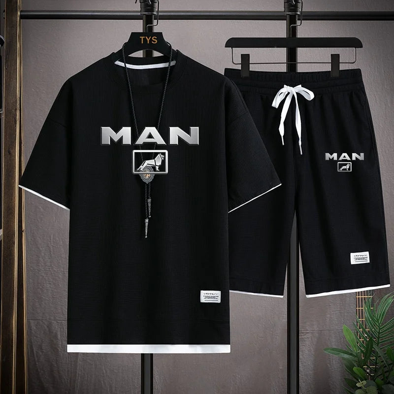 Mens Tracksuit T-shirt and Shorts Two Piece Set Truck Man Car Logo Men Sports Suit Fashion Breathable Sets