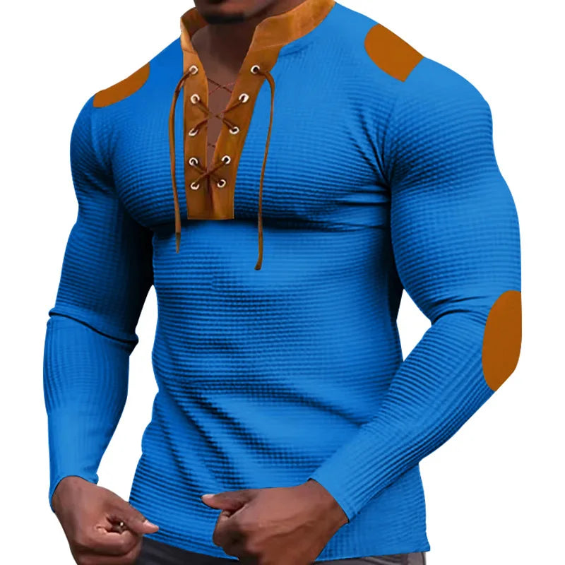 Cross-border new men's waffle color matching strap V-neck top casual long-sleeved bottoming T-shirt