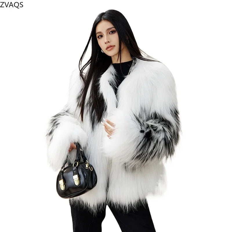 ZVAQS Natural Raccoon Fur Coat Women Winter Luxury Clothes White V Neck Fur Jacket Old Money Style Outerwears 2024 шуба женская