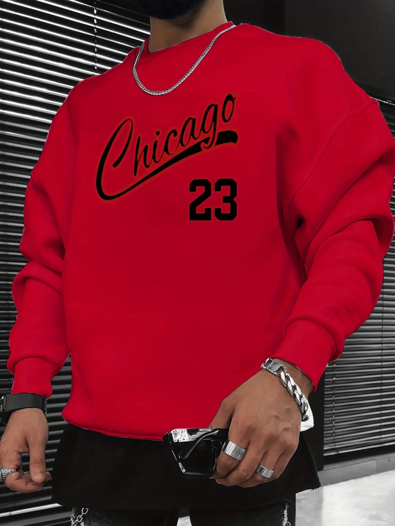 Chicago Print Men's Pullover Sweatshirt Casual Streetwear Fashion Long-sleeved Crew Neck Sweater A Basic Top for Sports Everyday