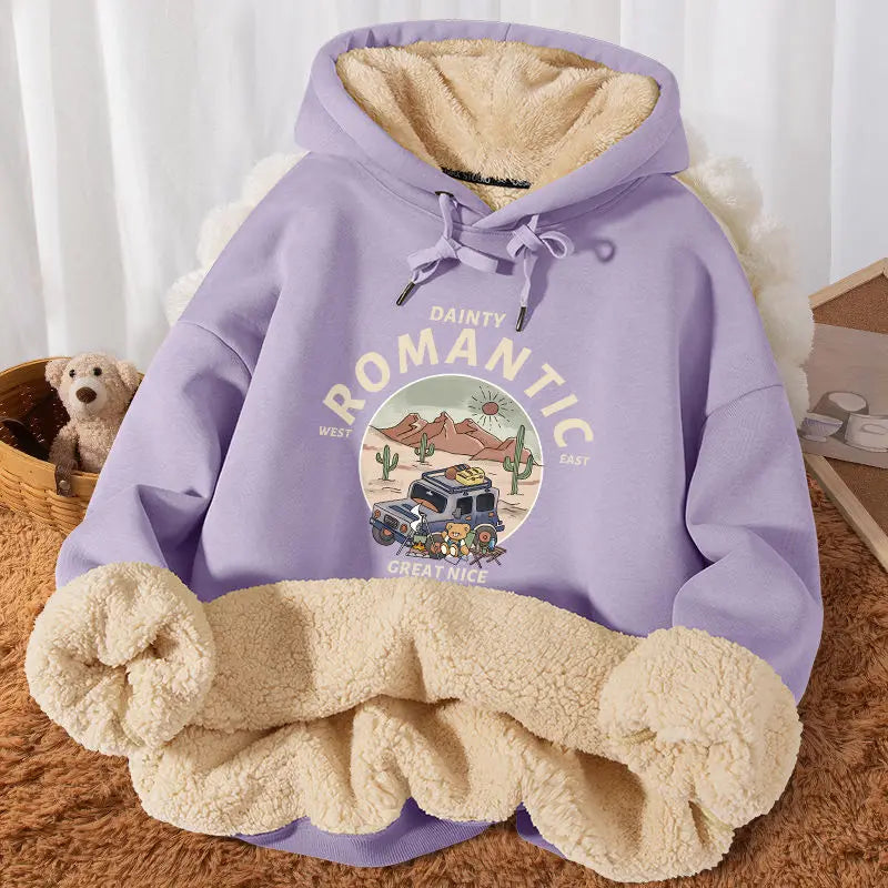 Plus-velvet Hoodies Women Winter Thicken Warm Loose All-match Leisure College Ulzzang Design Printed Fashion Drawstring Hip Hop