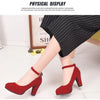 Spring Women Pumps Flock Sweet Thick High Heels Ankle Strap Female Platform Classic Round Toe Dress Cute Shoes Ladies Footwear