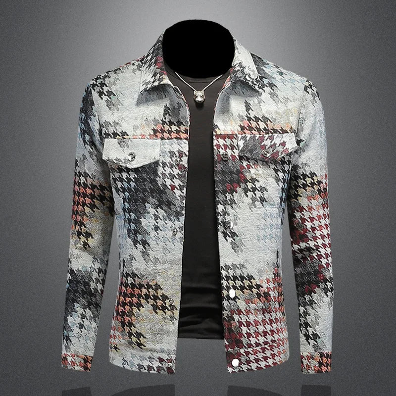 Minglu Spring Autumn Housand-bird Plaid Jacquard Men's Jackets Luxury Single Breasted Male Coats Man Overcoat Plus Size 5XL