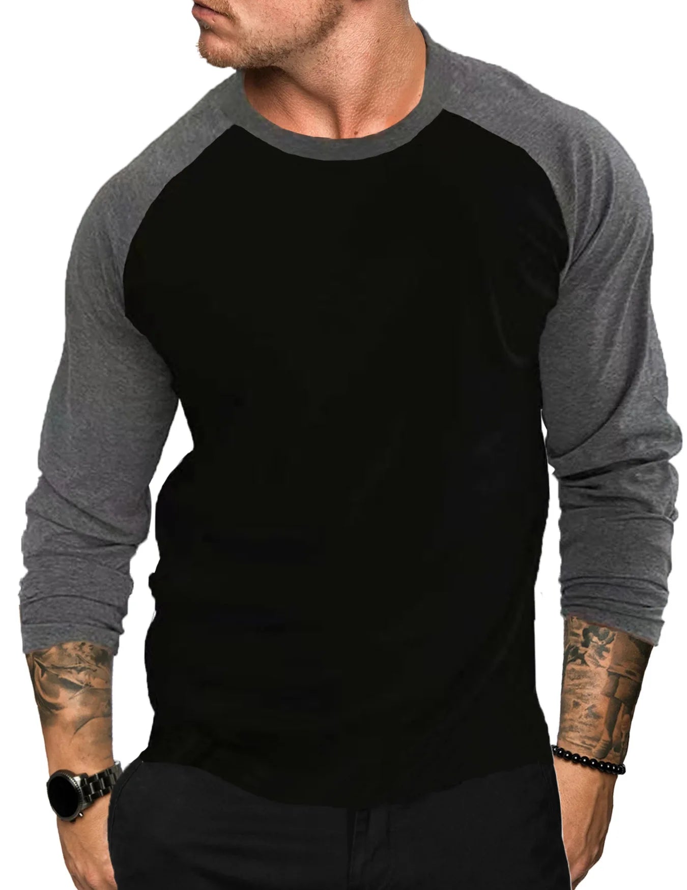 New Casual Fashion Long Sleeves T Shirt Men Spring Autumn Patchwork Gym Clothing Fitness T-shirt Sports Raglan Sleeves Tshirt