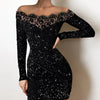 Elegance, Leisure, Sexy Long sleeved Lace Edge, One Shoulder Silver Powder Sprinkled Dress