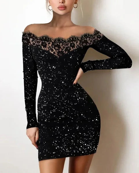 Elegance, Leisure, Sexy Long sleeved Lace Edge, One Shoulder Silver Powder Sprinkled Dress