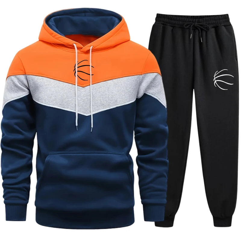 Autumn Winter Trend Mens Tracksuit Tricolor Striped Hoodies and Black Sweatpants High Quality Male Daily Casual Sport Hooded Set