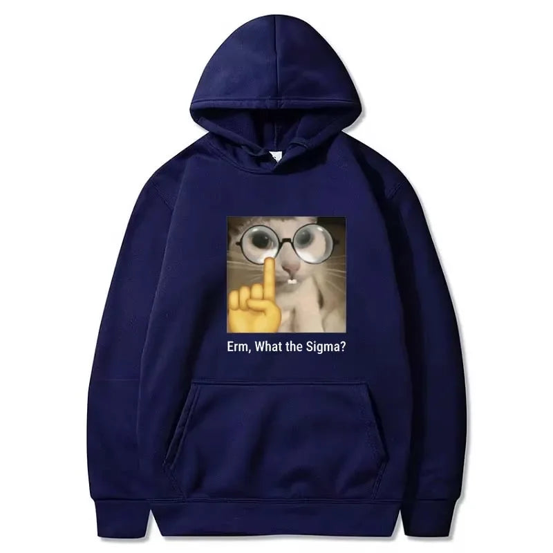 Erm, What Sigma? Funny Meme Sport Hoodie for Men Women Silly Cat Humor Printed Fashion Tops Fleece Sweatshirt Winter Hoodie