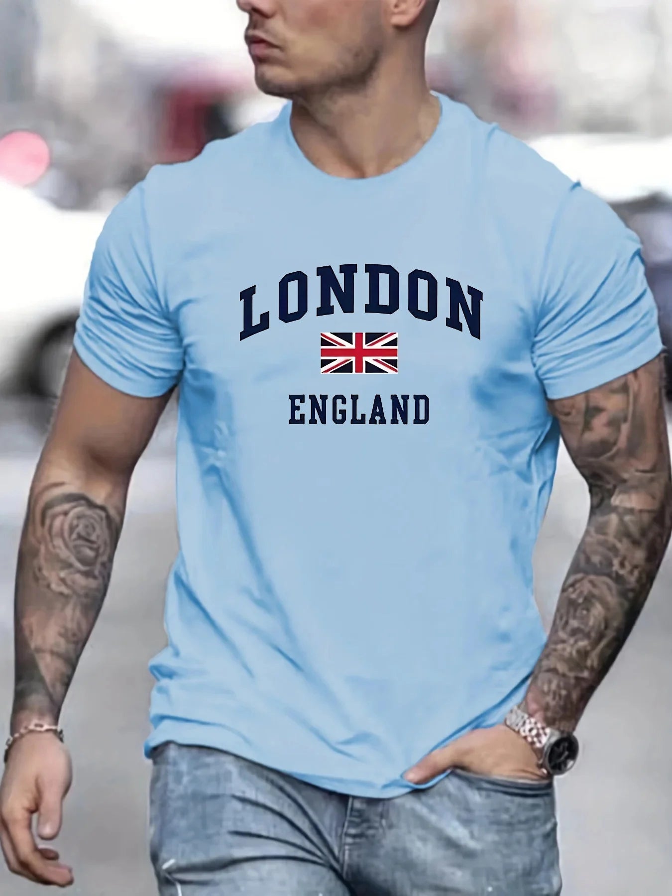 Summer men's 100% pure cotton casual loose fit plus size London England pattern printed round neck short sleeved T-shirt top