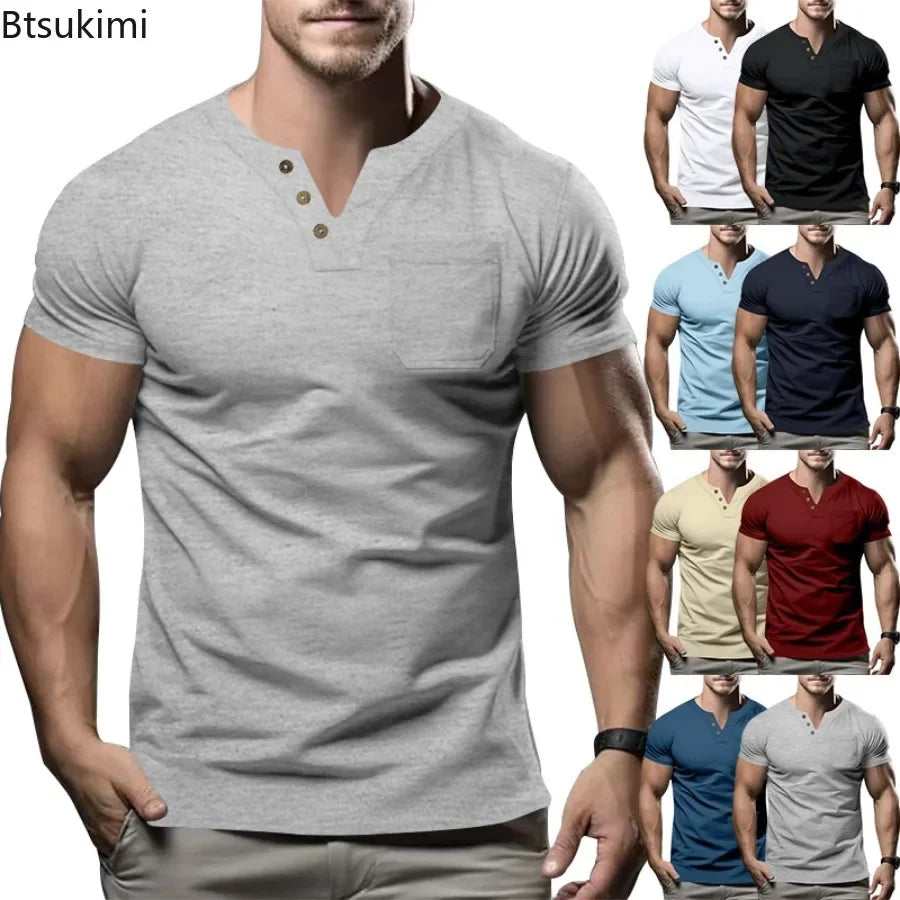 Short-sleeved V Neck T-shirts Fashion Simple Casual Pullover Tops Solid Breathable Sport Fitness Tees for Men