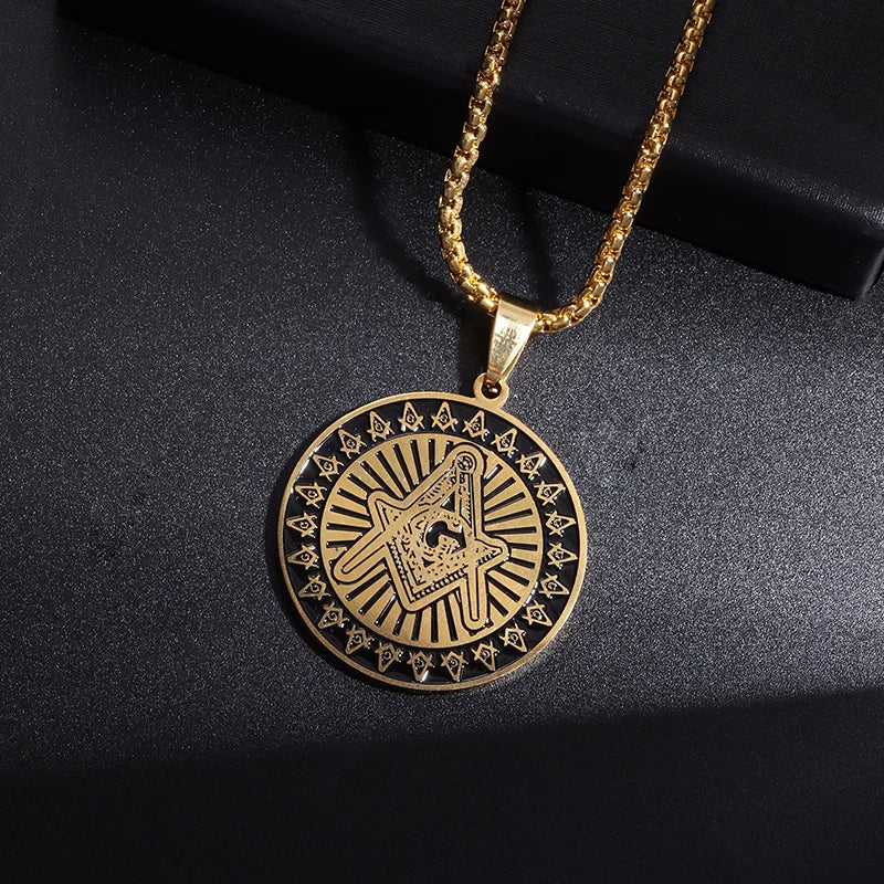 Men\\'s Classic Punk Gold Plated Freemason Round Medal Pendant Necklace Hip hop Style Rock Party Jewelry