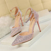 Women Shallow Mouth Pointed Toe Hollow High Heels Sandals Wedding Champagne Gold Pumps Crystal Glitter Rhinestone Sandals