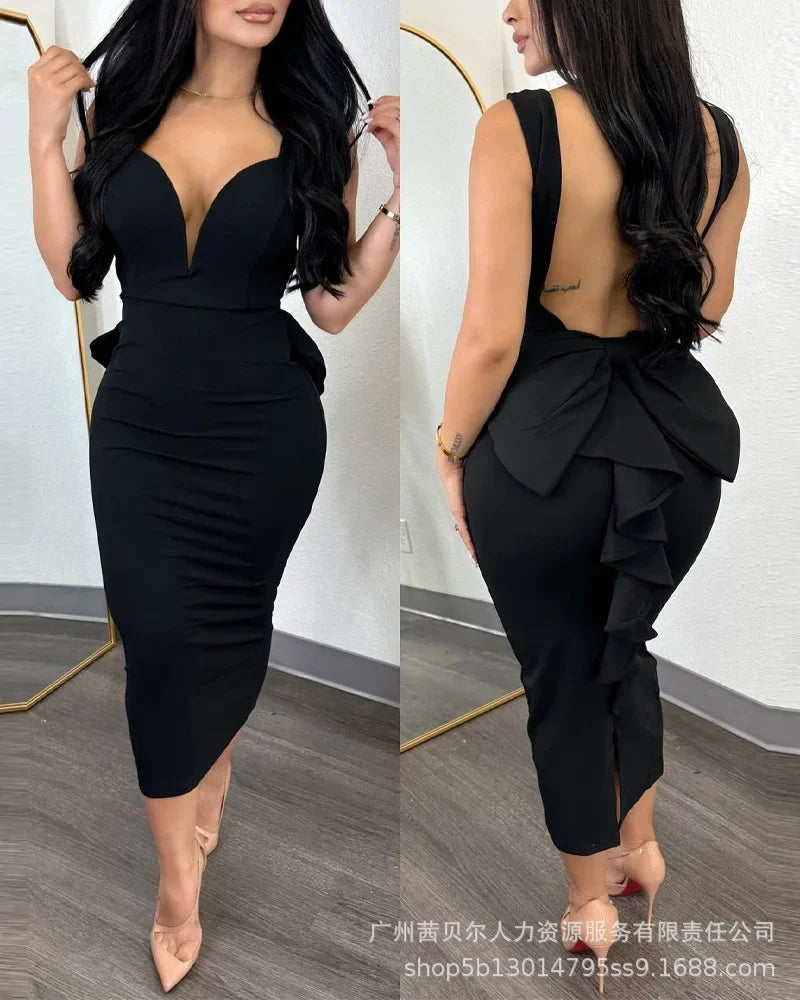 Elegant Sexy Evening Party Dress New Women's Backless Ruffles Patchwork Dress Women's Spaghetti Strap V-neck Slim Fit Dress