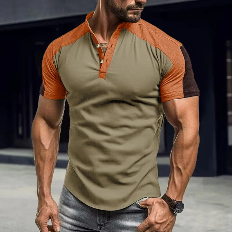 America Style Summer Fashion Men Contrast Color Patchwork Short Sleeve Henrry T-shirt Stand Collar Basic Tee Slim Fit Sport Tops