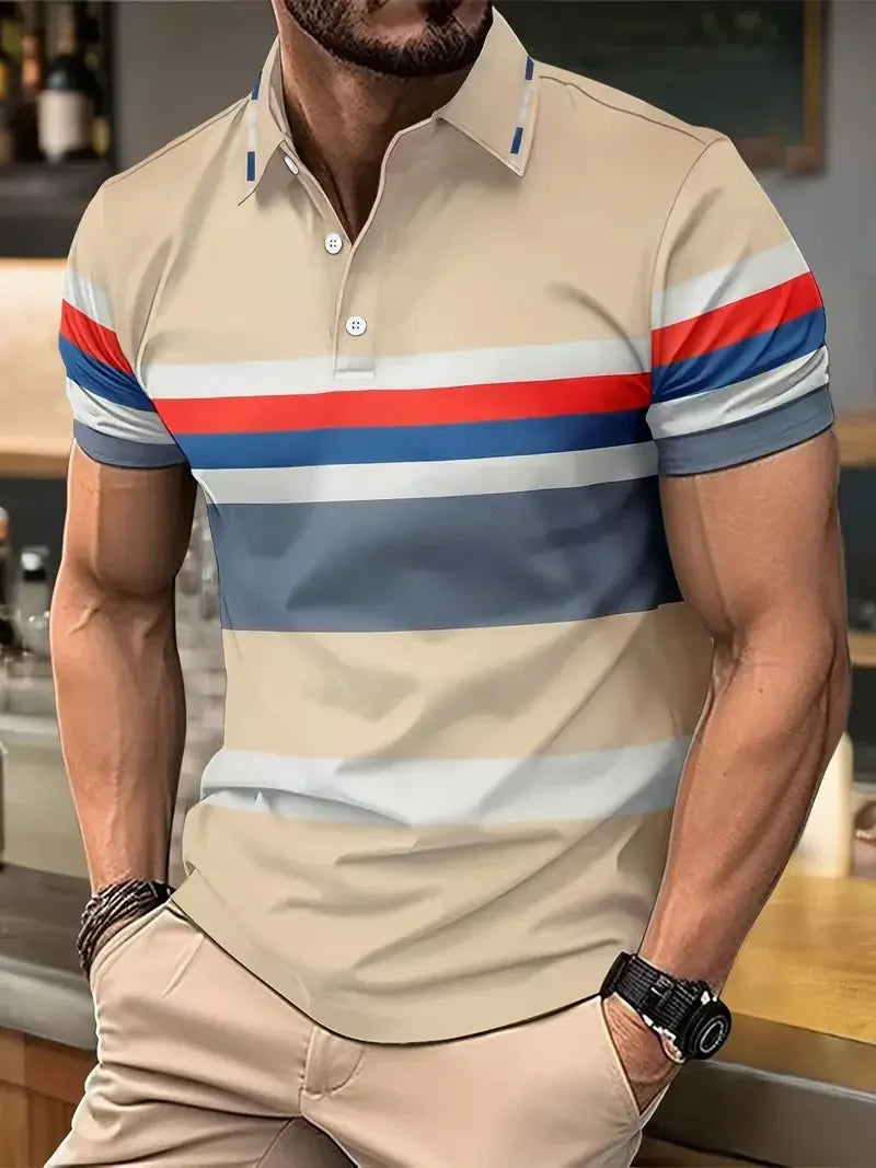 Men's Polo T-Shirt Streetwear Fashion Stripe Printing Summer New Short Sleeves Button Tops Oversized Casual Golf High-quality