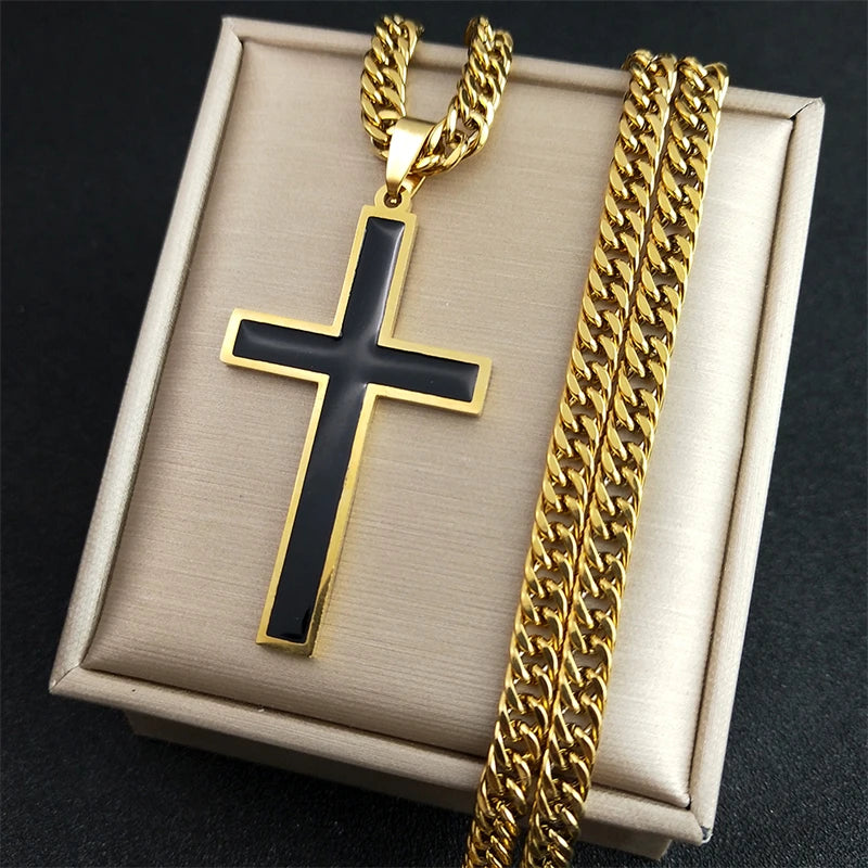 Punk Hip Hop Black Cross Pendant Necklace for Women Men Stainless Steel Gold Color Male Jesus Christ Chain Jewelry colar N8236S0