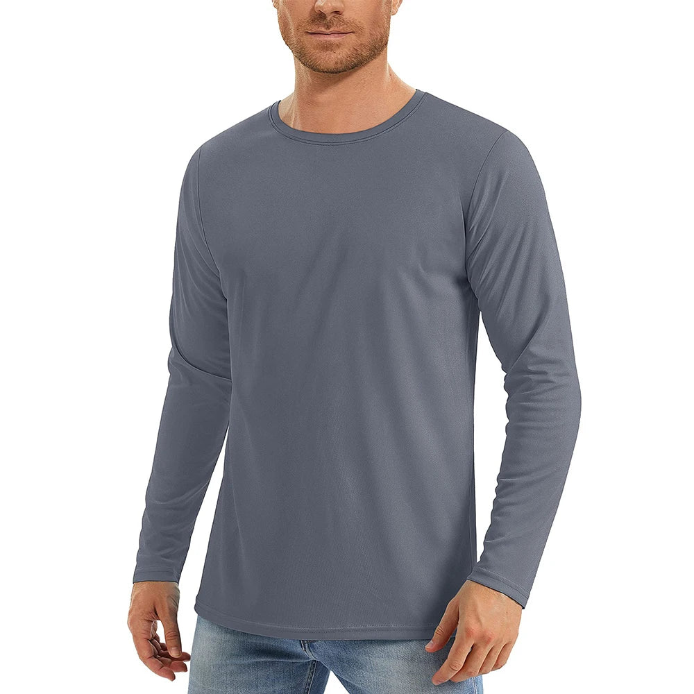 UPF50+ Men's Sunscreen UV Protection T-shirt Solid Color Long-sleeved Round Neck Outdoor Hiking Fishing Quick-drying Tops