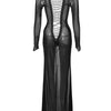 Women See Through Bodycon Long Dress Long Sleeve Mesh Sheer Maxi Dress Cross Tie Up Backless Club Party Dress Maxi Dress