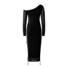 Women Sexy Mesh Slanted Shoulder Dress Elegant Long Sleeve Bodycon Ruched Dress Side Drawstring Slim Fit Club Party Dresses