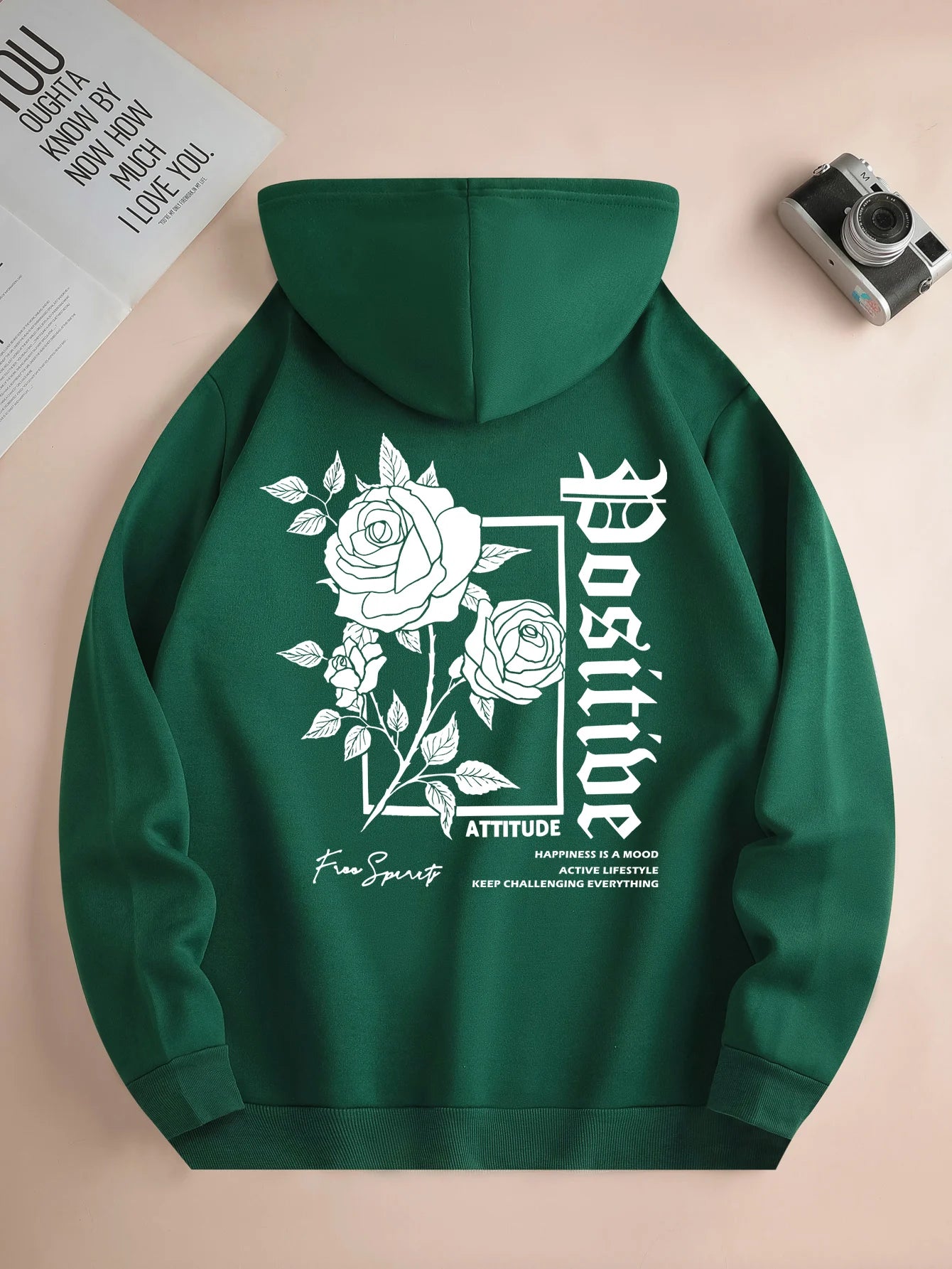 Men's new fashion hoodie, casual daily drawstring hooded sweatshirt, Rose Print, front kangaroo pocket, men's jacket