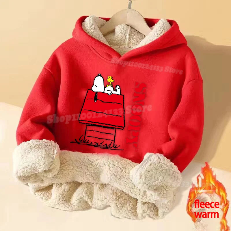 Snoopys Baby Sweatshirt Thickened Fleece Girl Hoodie Cartoon Clothes Long Sleeve Winter Warm Cashmere Hoodie Tops Jacket Kid New