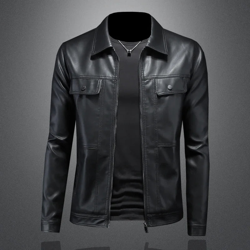 Minglu Spring Autumn Faux Leather Men's Jackets High Quality Solid Color Turn Down Collar Zipper Male Overcoats Luxury Man Coats