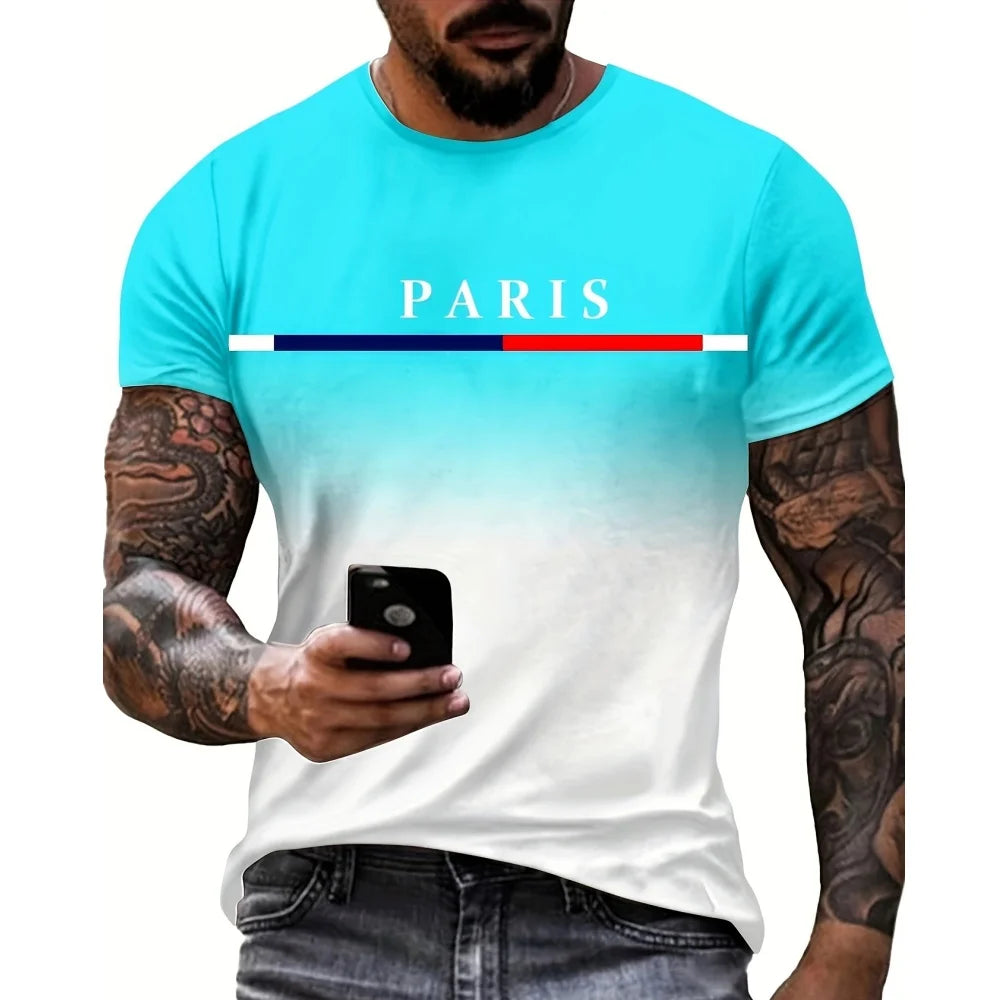 Fashion T-shirt For Men Gradient Color Paris Graphic 3D Printed T-shirts Casual Short sleeved Tees Oversized Men's Clothing Tops