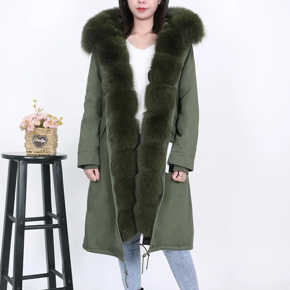 MAOMAOKONG NEW Women's winter coats fur coat Natural real raccoon fur collar jackets Rabbit lining parka Female X-Long