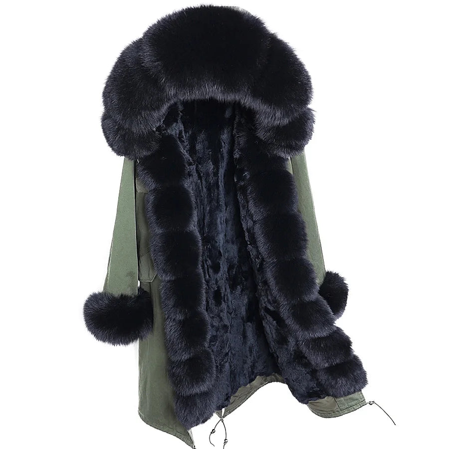 MAOMAOKONG NEW Women's winter coats fur coat Natural real raccoon fur collar jackets Rabbit lining parka Female X-Long