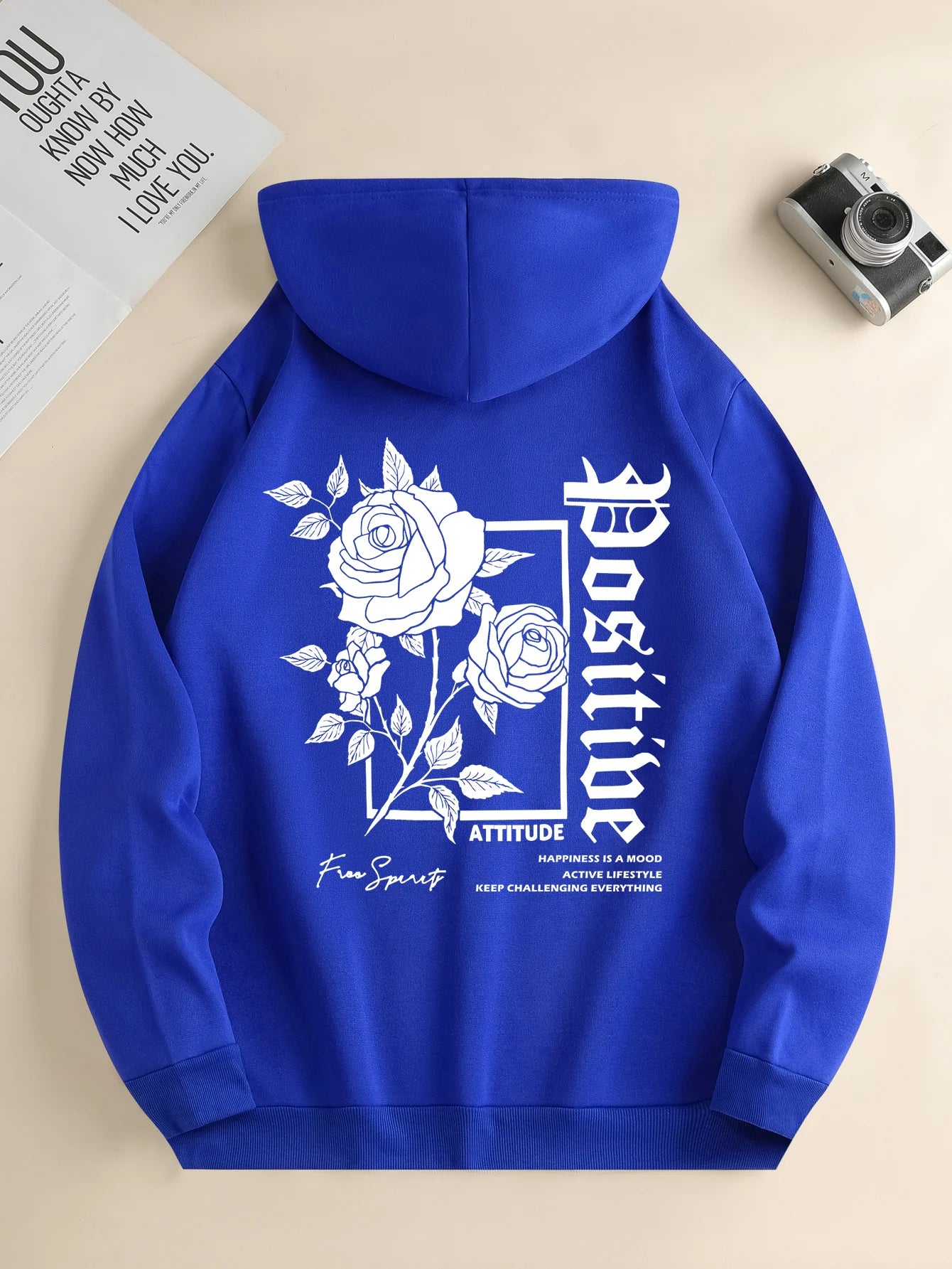 Men's new fashion hoodie, casual daily drawstring hooded sweatshirt, Rose Print, front kangaroo pocket, men's jacket