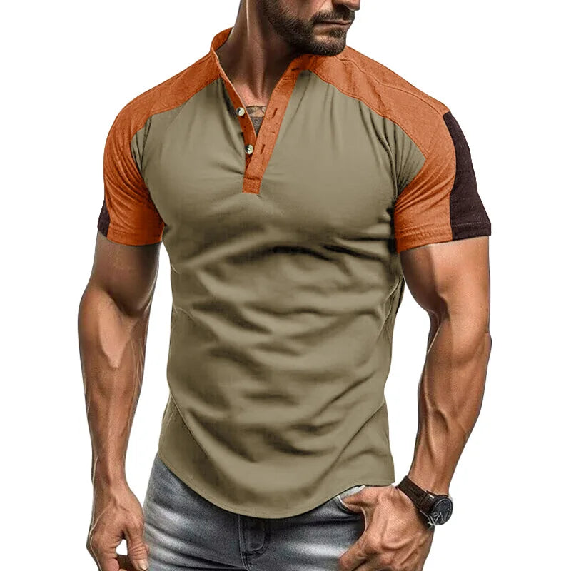 America Style Summer Fashion Men Contrast Color Patchwork Short Sleeve Henrry T-shirt Stand Collar Basic Tee Slim Fit Sport Tops