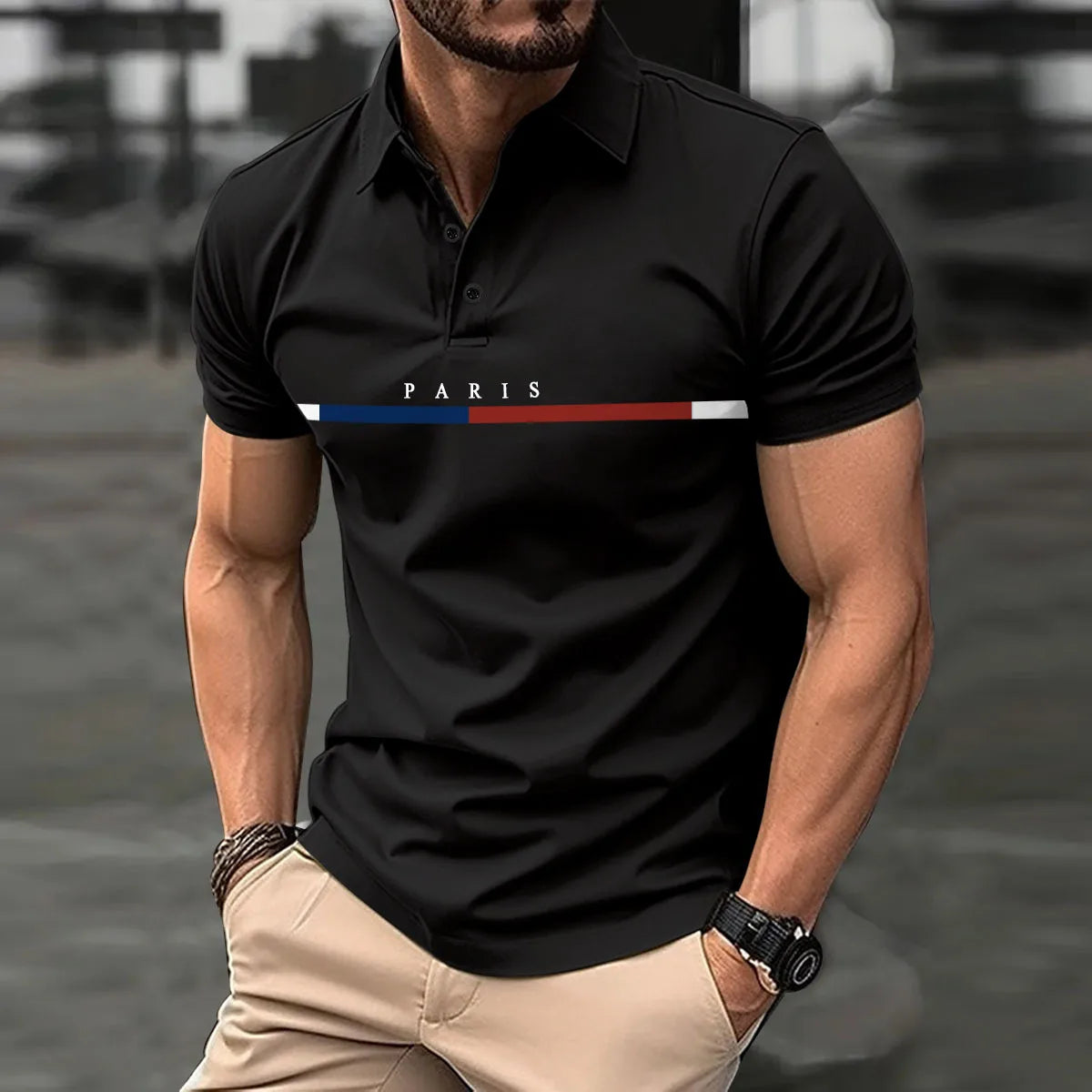 New Men's Classic Short Sleeve PARIS Letter Polo Shirt Summer Top Casual T-Shirt Lapel Button Polo Shirt