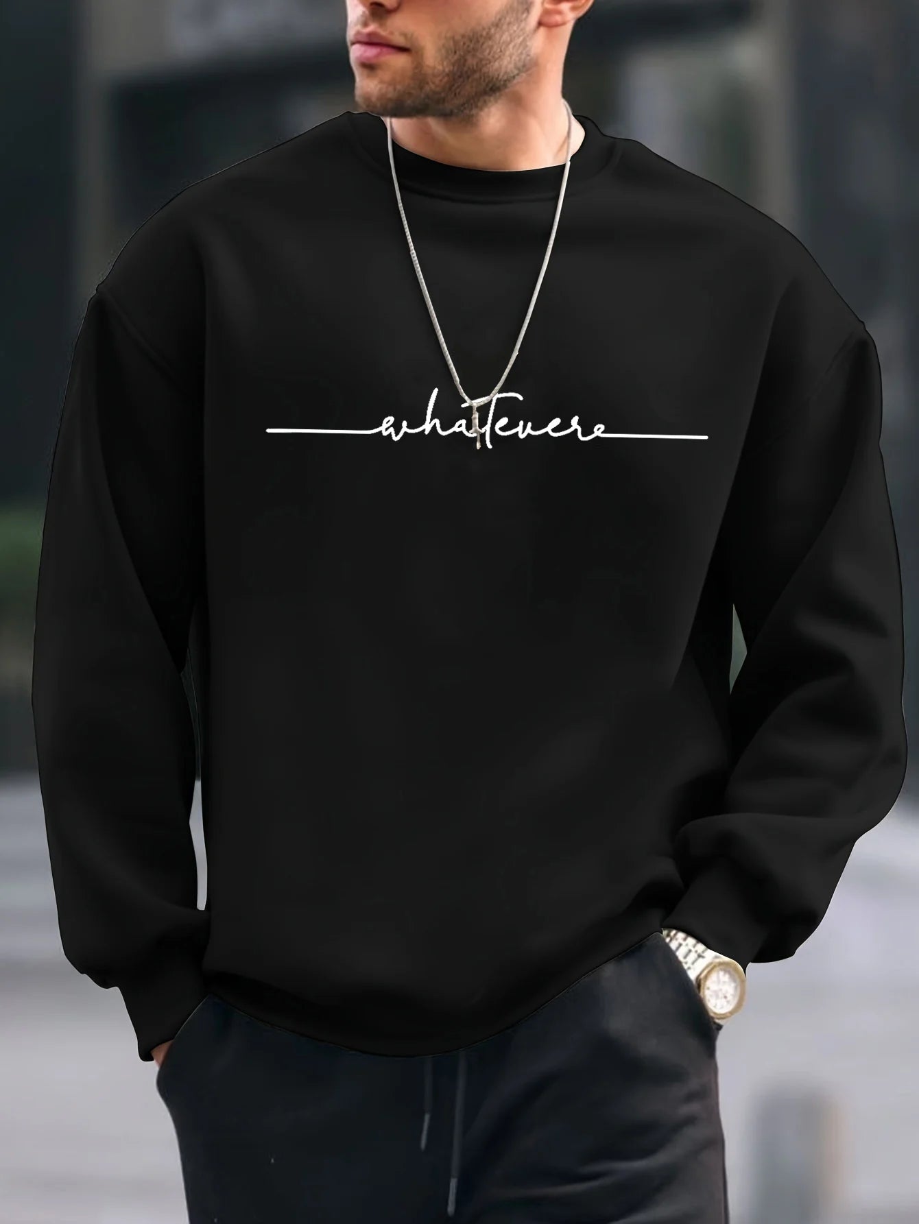 Men's autumn and winter fashionable casual loose and simple letter printed fleece pullover round neck long sleeved sweatshirt