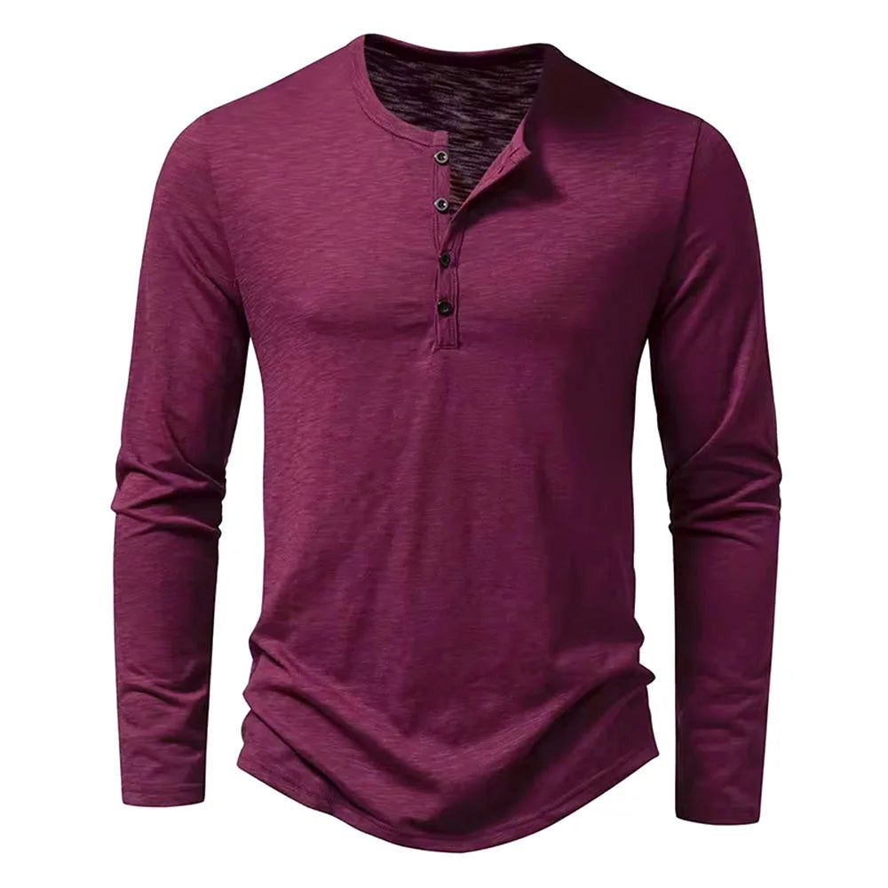 Autumn New Men's Cotton Button Long Sleeve  Henley Neck T-Shirt Casual Solid Color Breathable Versatile Fashion Slim T-Shirts