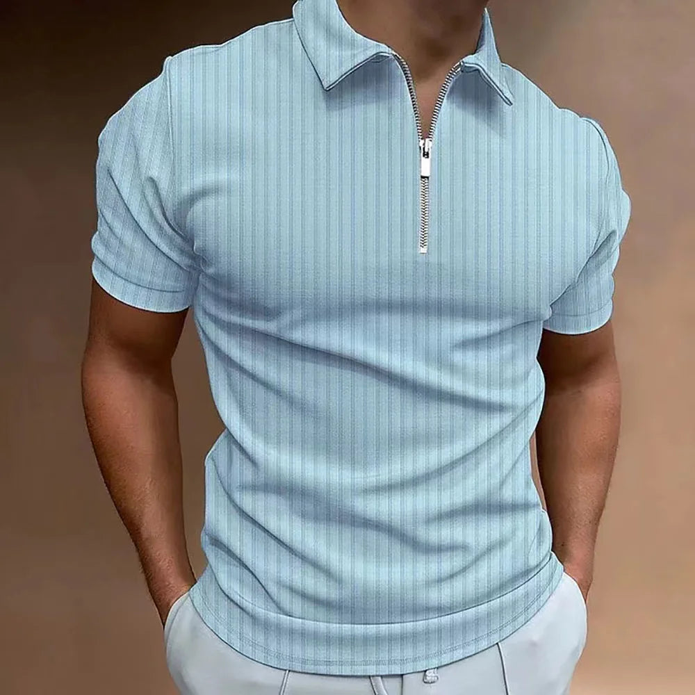 New Mens Fashion Polo Shirt Summer Stripe Zipper Mens Polo Shirt Solid Color T-shirt Brand Short Sleeve Shirt Casual SlimmingTop