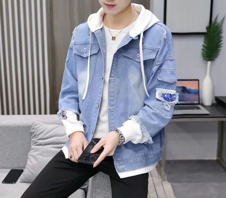 Trendy Denim Jacket Unisex Casual Hooded Spring Autumn Fashion European Style Versatile Brand Men's Loose Fit Border Crossing