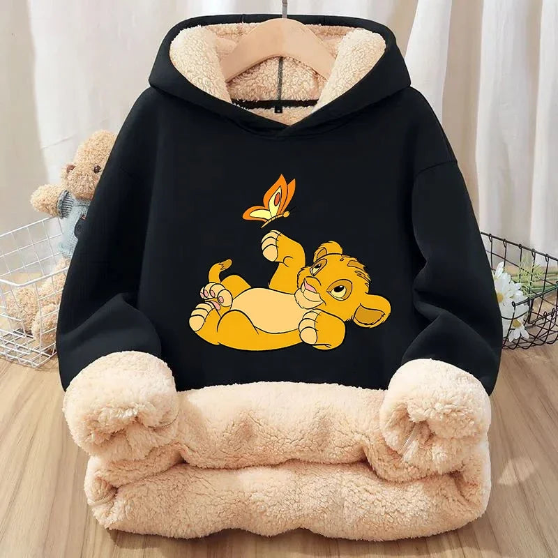 Mufasa Lion King Baby Sweatshirt Thickened Fleece Hoodie Boys Child's Anime Long Sleeve Winter Warm Cashmere Hooded Tops Clothes