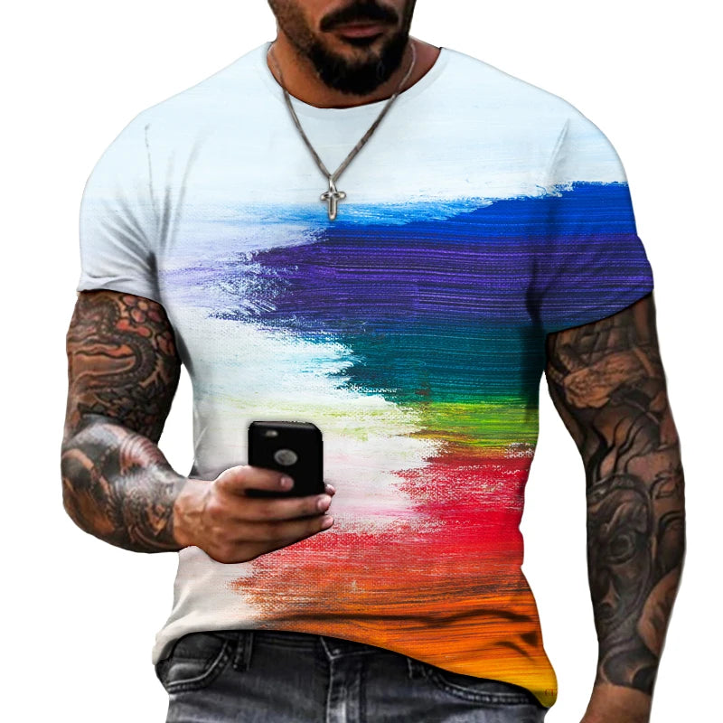 Vintage Men's T Shirts Personality Color Stripe Printed Fashion  O-Neck Short Sleeve Oversized t shirt  Breathable Streetwear