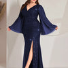 TOLEEN 2024 Plus Size Luxury Elegant Formal Party Evening Dresses Glittering Sequin Patchwork Trumpet Sleeve Slit Mermaid Dress