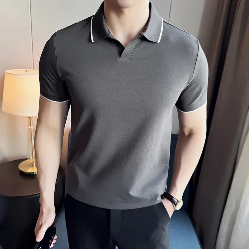 Men Polo Shirt Thin British Style Solid Casual Slim Fit Short Sleeved Top T-shirt Fashion Streetwear Men Clothing