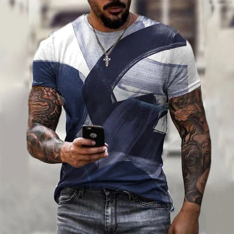 Vintage Men's T Shirts Personality Color Stripe Printed Fashion  O-Neck Short Sleeve Oversized t shirt  Breathable Streetwear