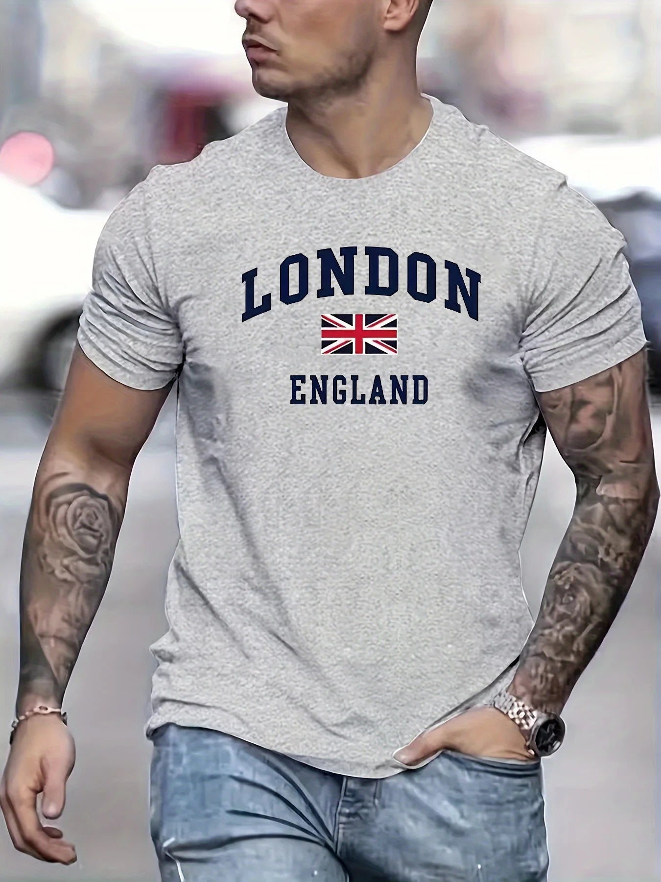 Summer men's 100% pure cotton casual loose fit plus size London England pattern printed round neck short sleeved T-shirt top